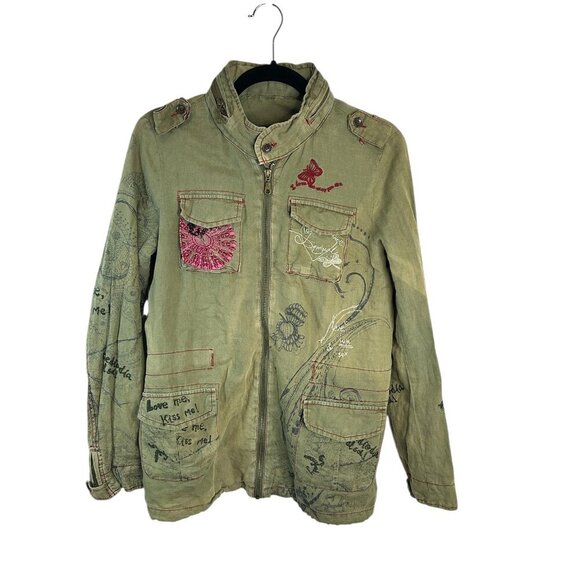 Desigual Embroidered Distressed Green Hooded Jacket Sz M Eclectic Edgy Artsy - Picture 4 of 16